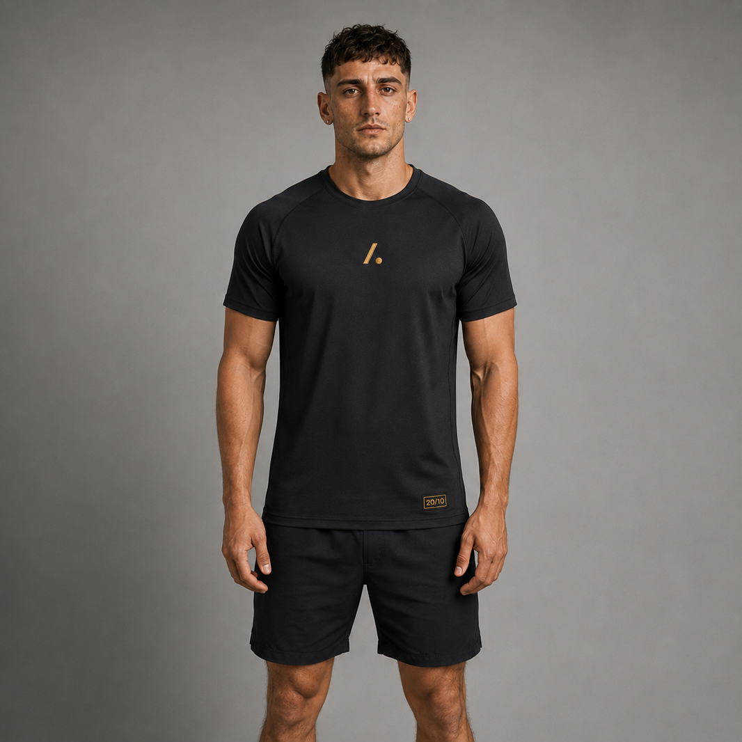 Man wearing a black t-shirt and shorts with a logo on a gray background