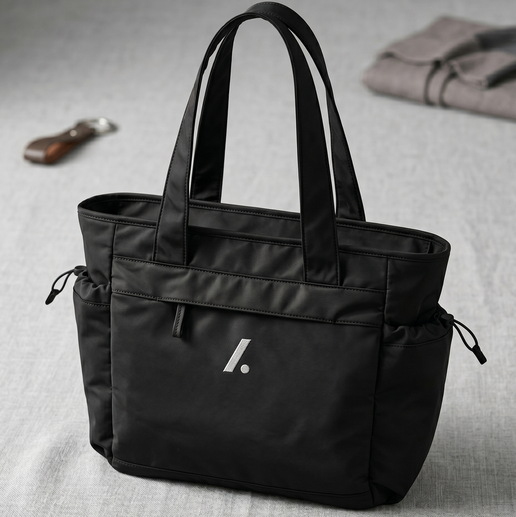 Black tote bag with a logo on a gray surface