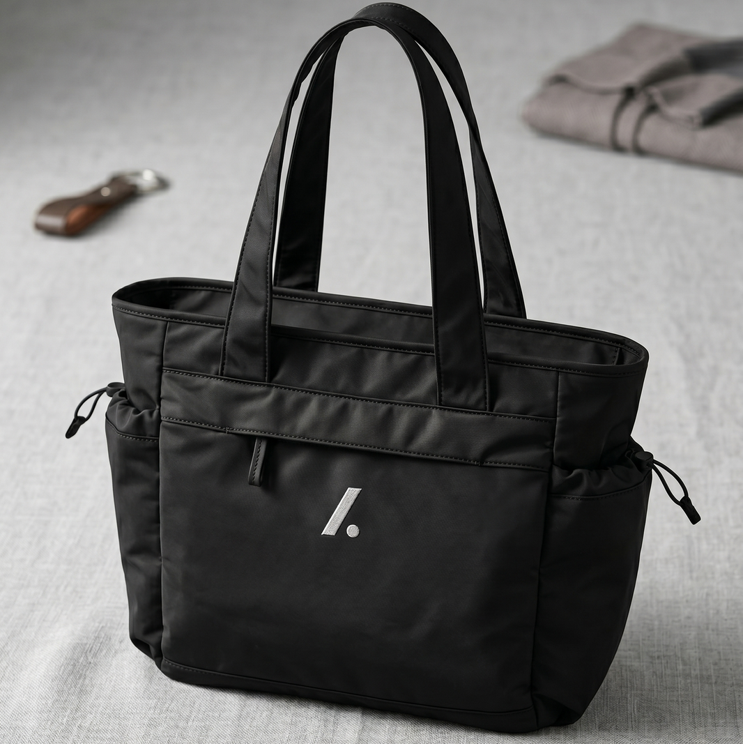 Black tote bag with a logo on a gray surface