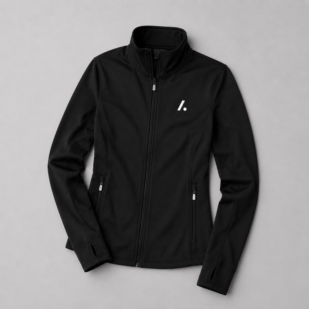 TwentyTenCollective black athletic full-zip jacket with mock neck, thumbholes, and zippered pockets.