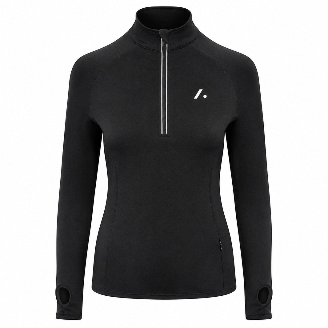 TwentyTenCollective black long-sleeve athletic top with quarter-zip, thumbholes, and moisture-wicking fabric.