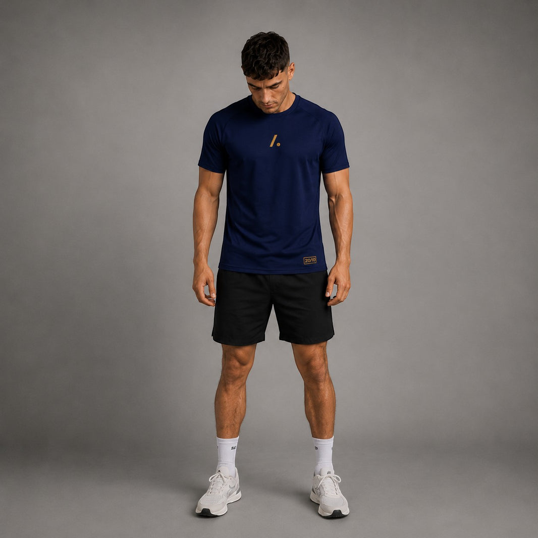 TwentyTenCollective navy performance t-shirt with gold logo detail on chest and back, crew neck, short sleeves.