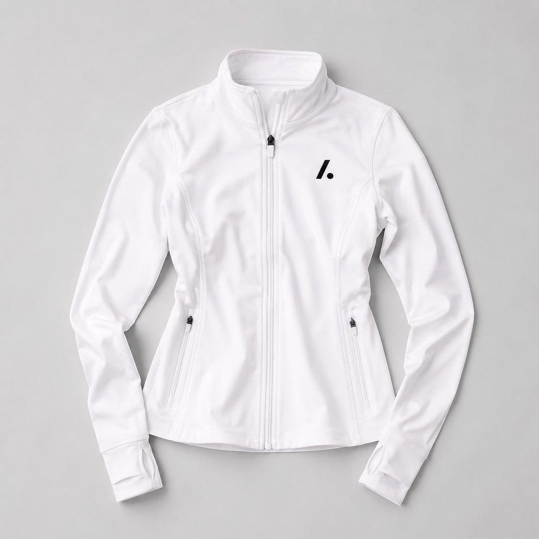 TwentyTenCollective white athletic full zip jacket with mock neck, thumbholes, and zippered pockets.