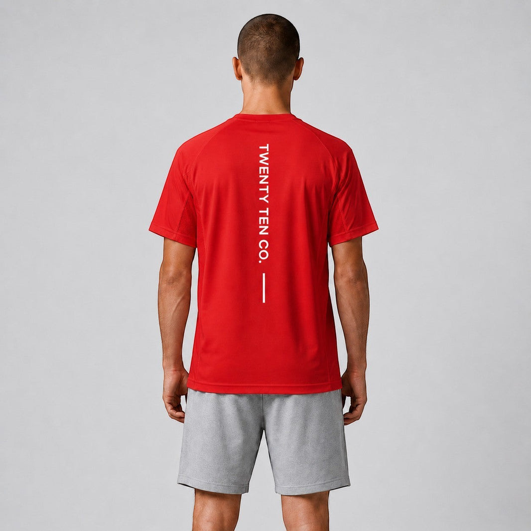 TwentyTenCo. red athletic t-shirt with white vertical logo on back, short sleeves, crew neck.
