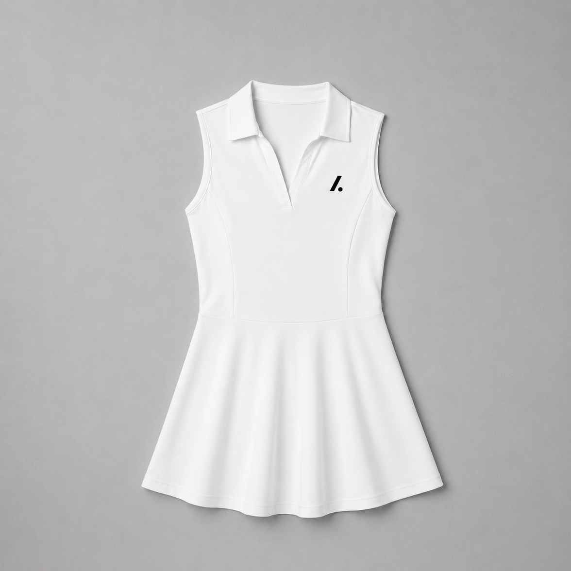 A white sleeveless polo-style dress with a small black logo on the left chest, displayed flat against a solid gray background.