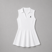 A white sleeveless polo-style dress with a small black logo on the left chest, displayed flat against a solid gray background.