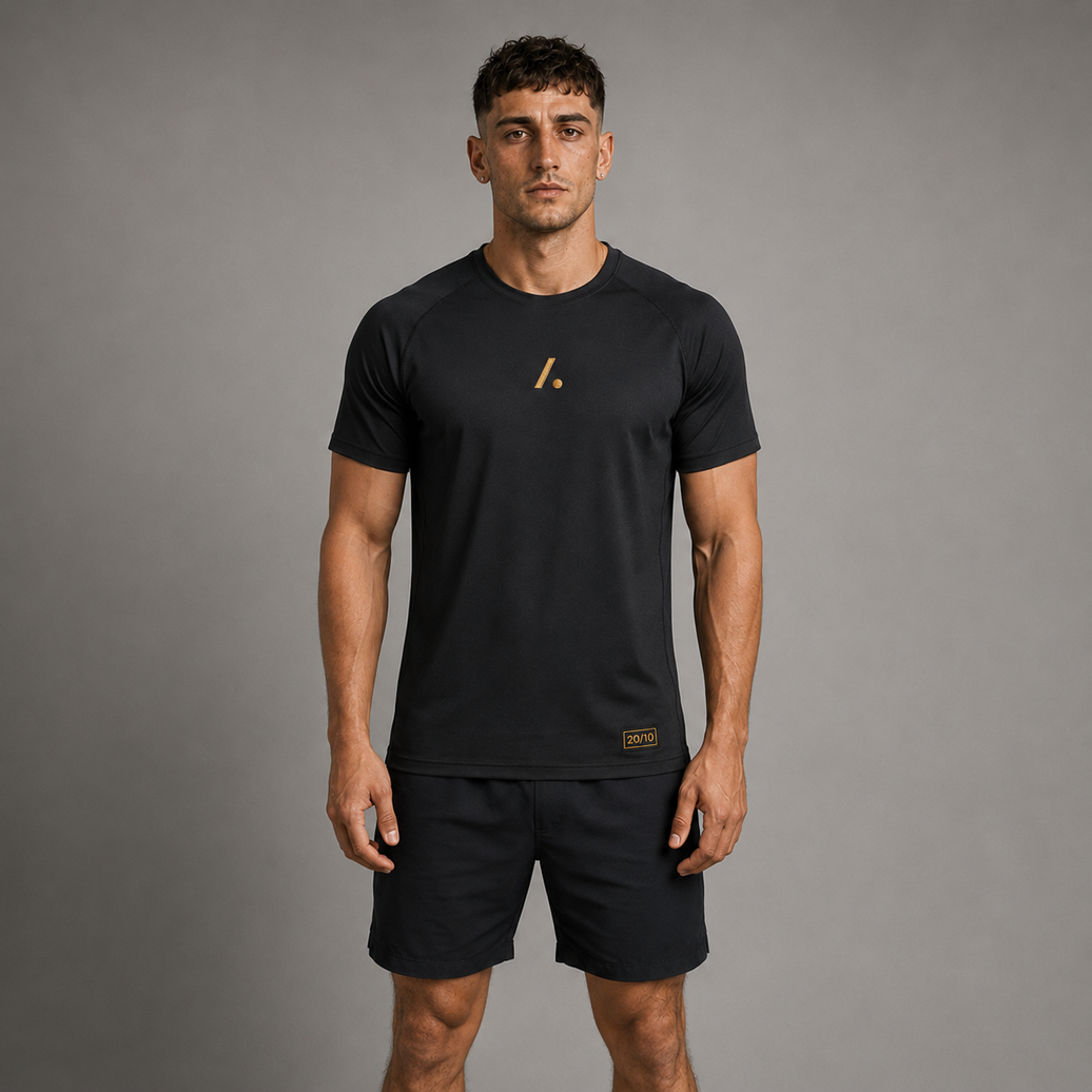 Man wearing a black t-shirt and shorts with a logo on a gray background