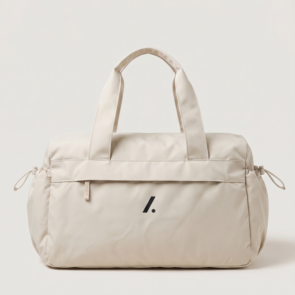 Beige duffel bag with a logo on a light gray background