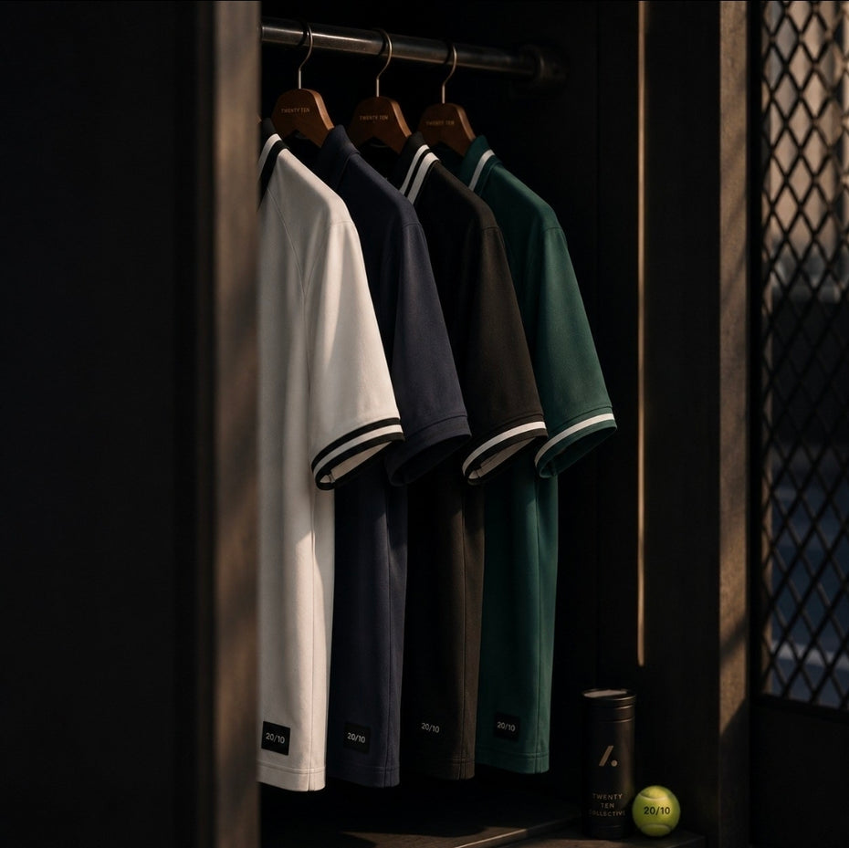 Four shirts hanging on a rack with a dark background