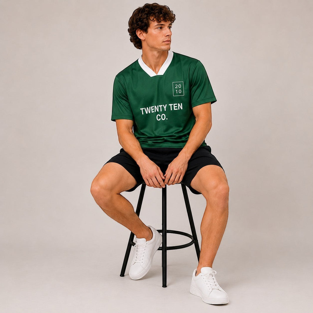 Twenty Ten Co. athletic jersey in green with a white collar, featuring a relaxed fit and breathable fabric.