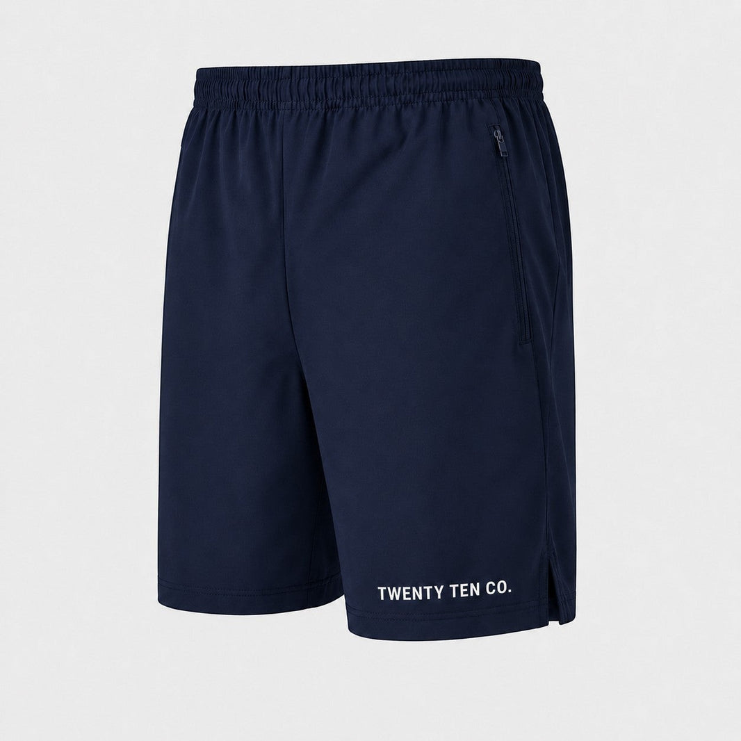 TwentyTenCo. navy blue athletic shorts for men with elastic waistband, drawstring, and zippered pocket.