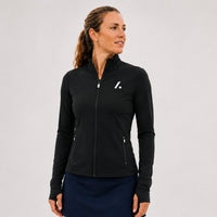 TwentyTenCollective black athletic full-zip jacket with mock neck, thumbholes, and zippered pockets.