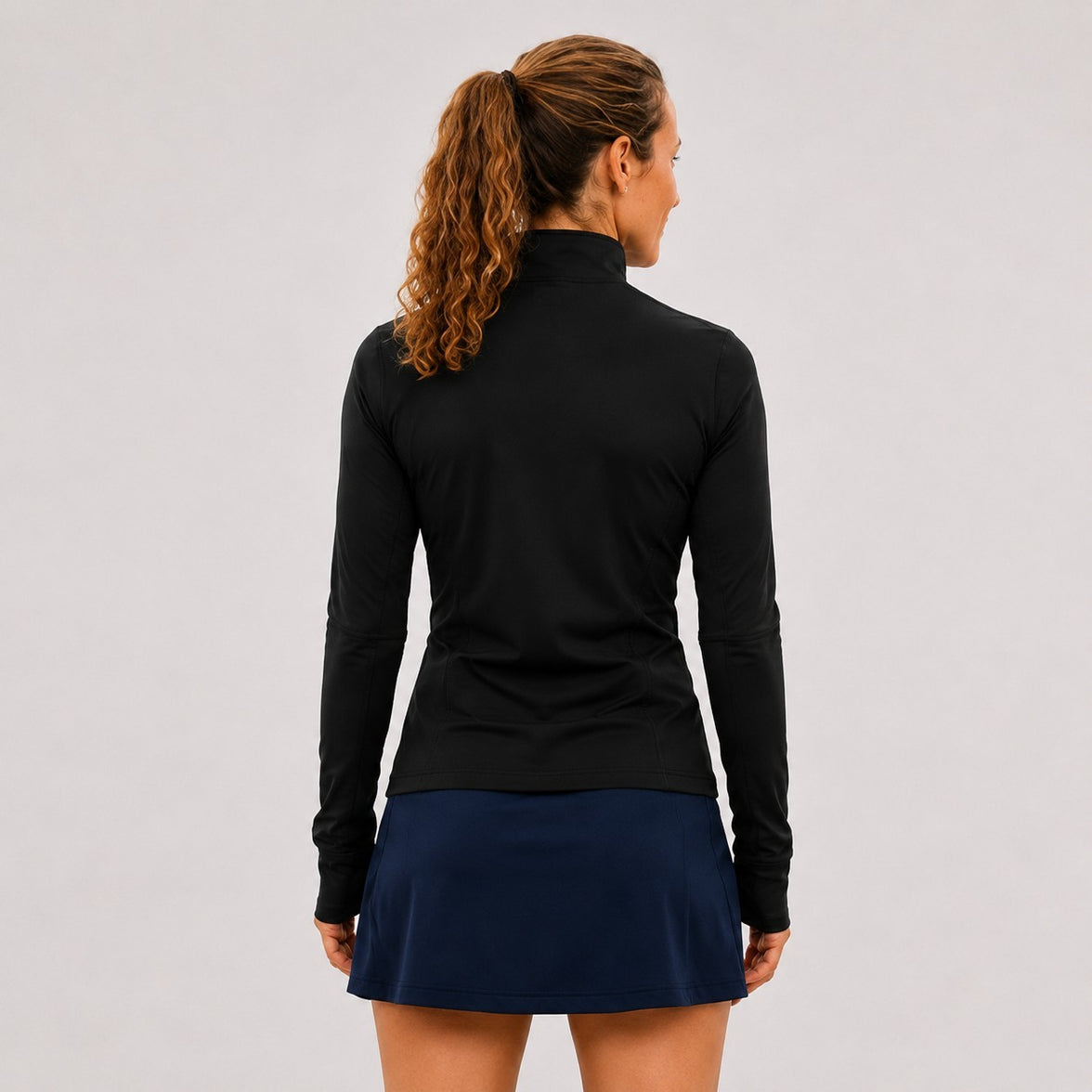 TwentyTenCollective black athletic full-zip jacket with mock neck and thumbholes