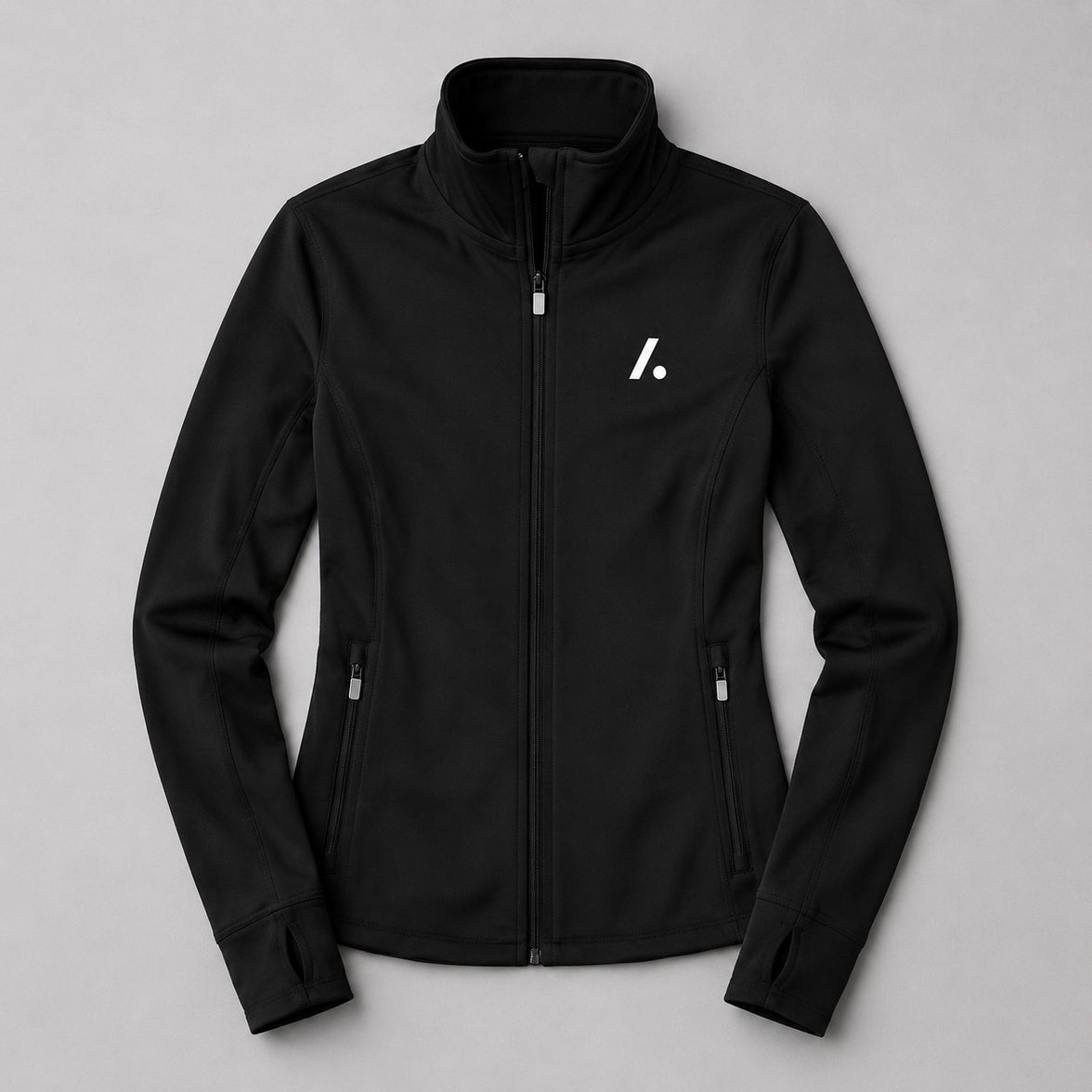 TwentyTenCollective black athletic full-zip jacket with mock neck, thumbholes, and zippered pockets.