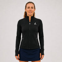 TwentyTenCollective black athletic full-zip jacket with mock neck, thumbholes, and zippered pockets.