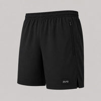 TwentyTenCollective black performance athletic shorts with elastic waistband, zippered pockets, and side vents.
