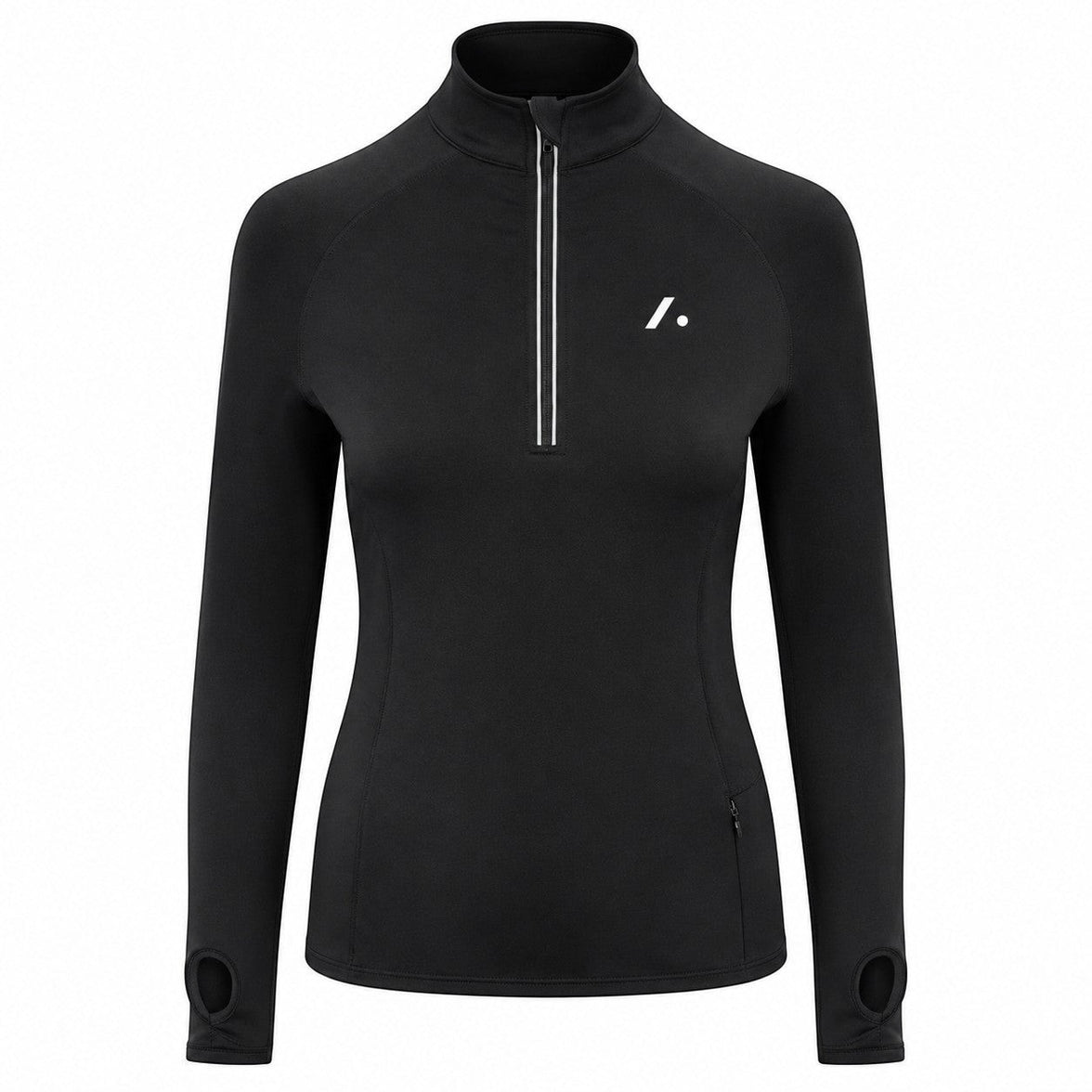 TwentyTenCollective black long-sleeve athletic top with quarter-zip, thumbholes, and moisture-wicking fabric.