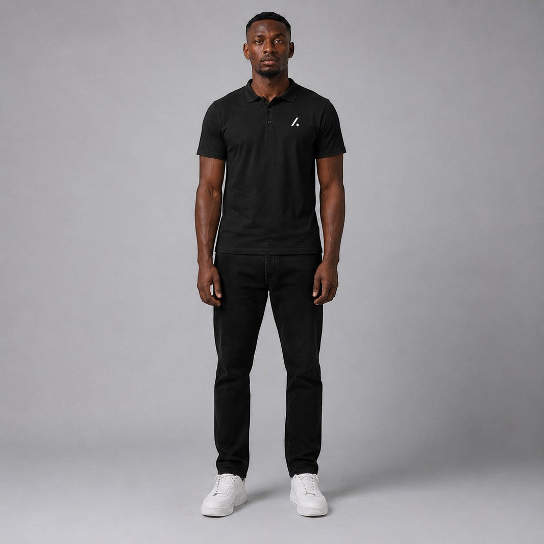 TwentyTenCollective men's black cotton blend short sleeve polo shirt with white logo embroidery and ribbed collar.