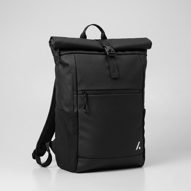 TwentyTenCollective black roll-top backpack with buckle closure, water-resistant material, and white logo. Features zippered pocket and side mesh pockets.