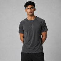 TwentyTenCollective men's dark grey athletic t-shirt with raglan sleeves and tonal chest logo. Lightweight, breathable fabric for performance.