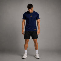 TwentyTenCollective navy performance t-shirt with gold logo detail on chest and back, crew neck, short sleeves.