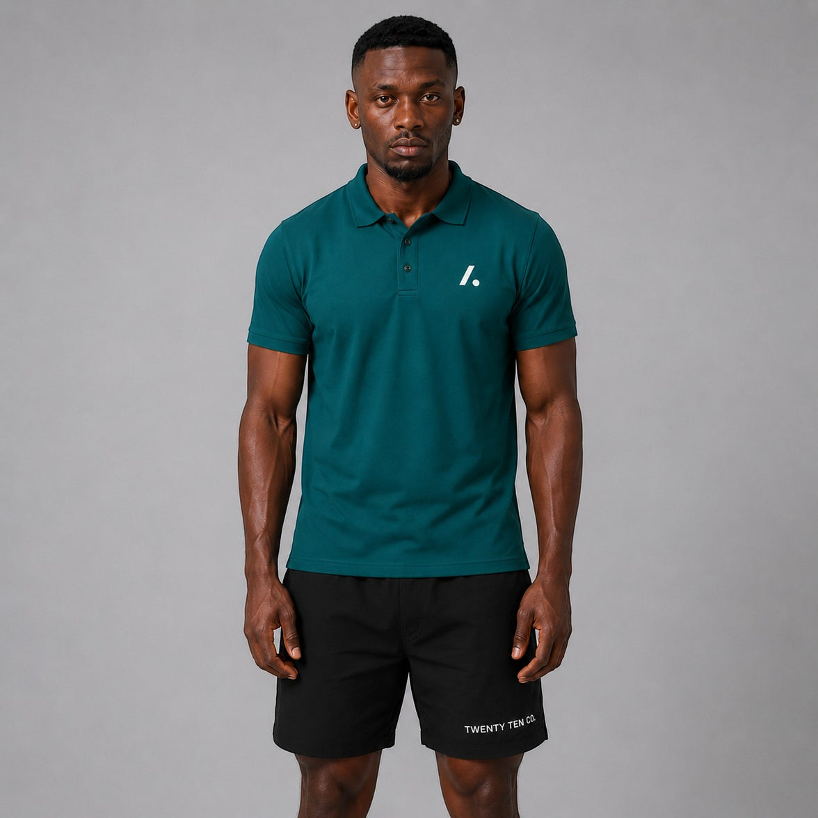 TwentyTenCollective men's deep teal cotton blend polo shirt with a two-button placket and embroidered logo.