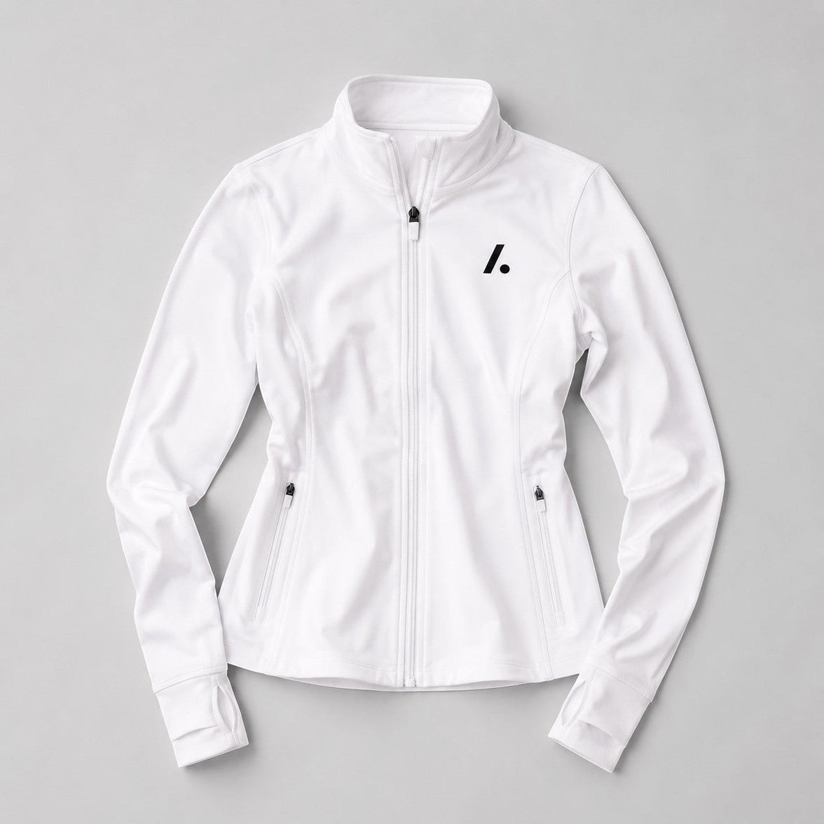 TwentyTenCollective white athletic full zip jacket with mock neck, thumbholes, and zippered pockets.