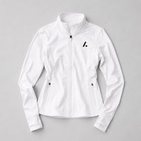 TwentyTenCollective white athletic full zip jacket with mock neck, thumbholes, and zippered pockets.