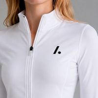 TwentyTenCollective white athletic full-zip jacket with mock neck and black logo. Features thumbholes and zippered pockets.