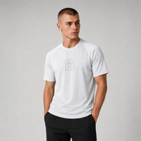 TwentyTenCollective white performance athletic t-shirt with crew neck and subtle chest graphic. Relaxed fit.