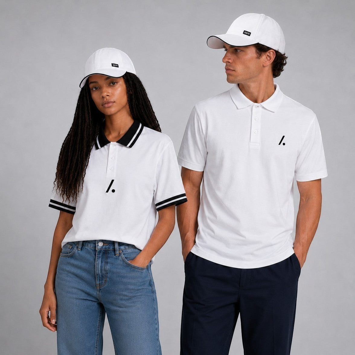 TwentyTenCollective white cotton blend performance polo shirt with black trim on collar and sleeves. Logo accent.