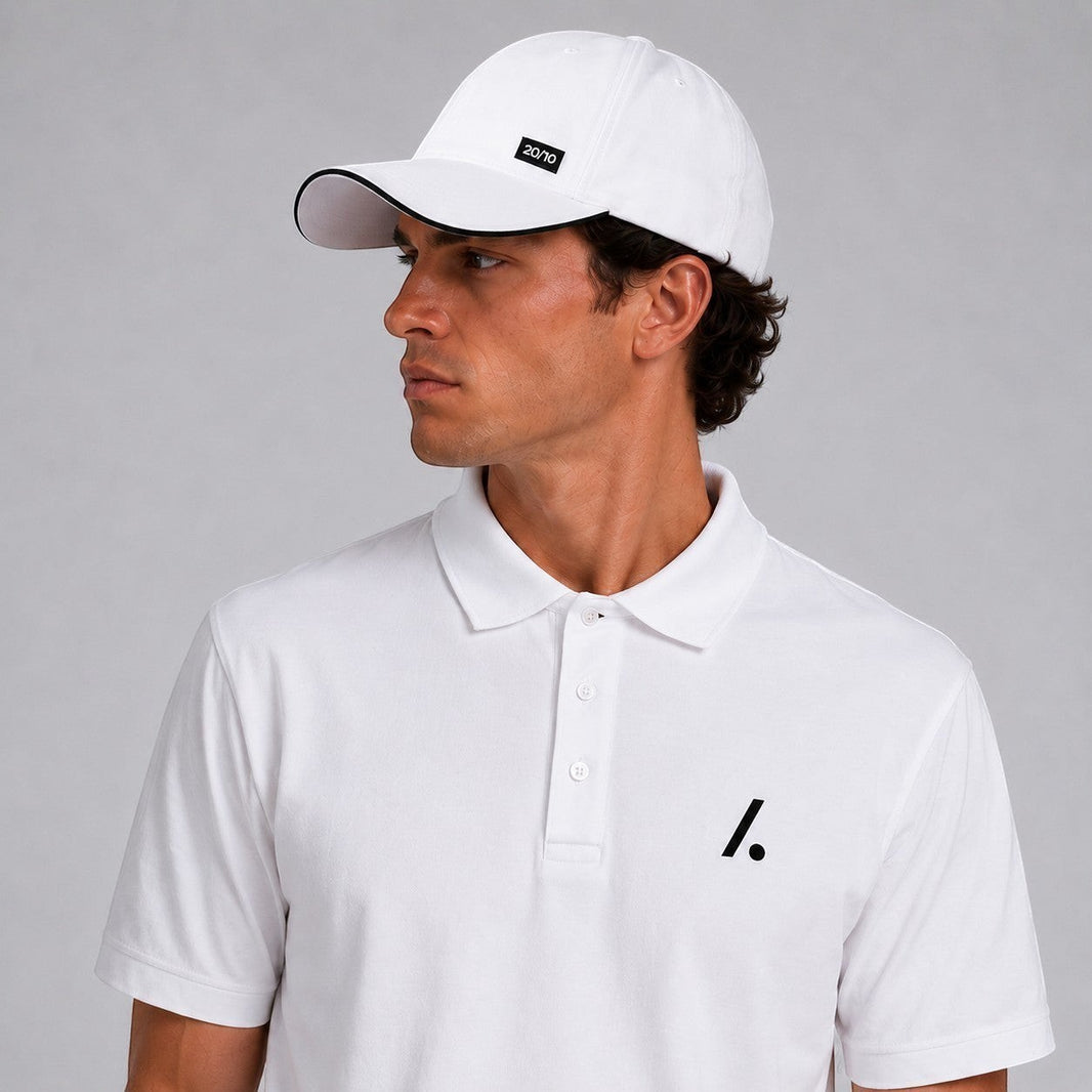 TwentyTenCollective white cotton blend polo shirt with a two-button placket and black logo accent.