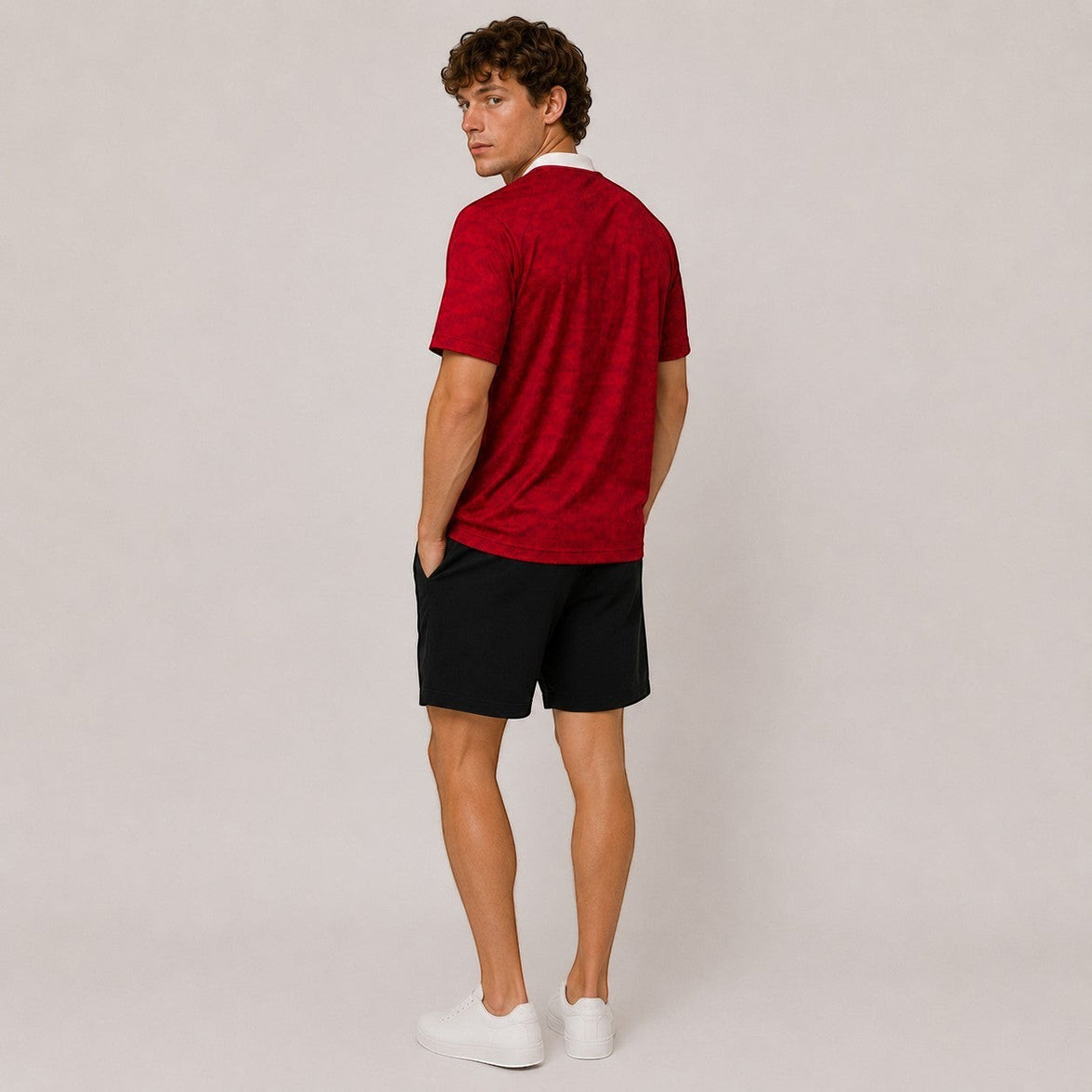 TwentyTenCo. Athletic Short Sleeve Jersey in red with geometric pattern, white trim, and crew neck.