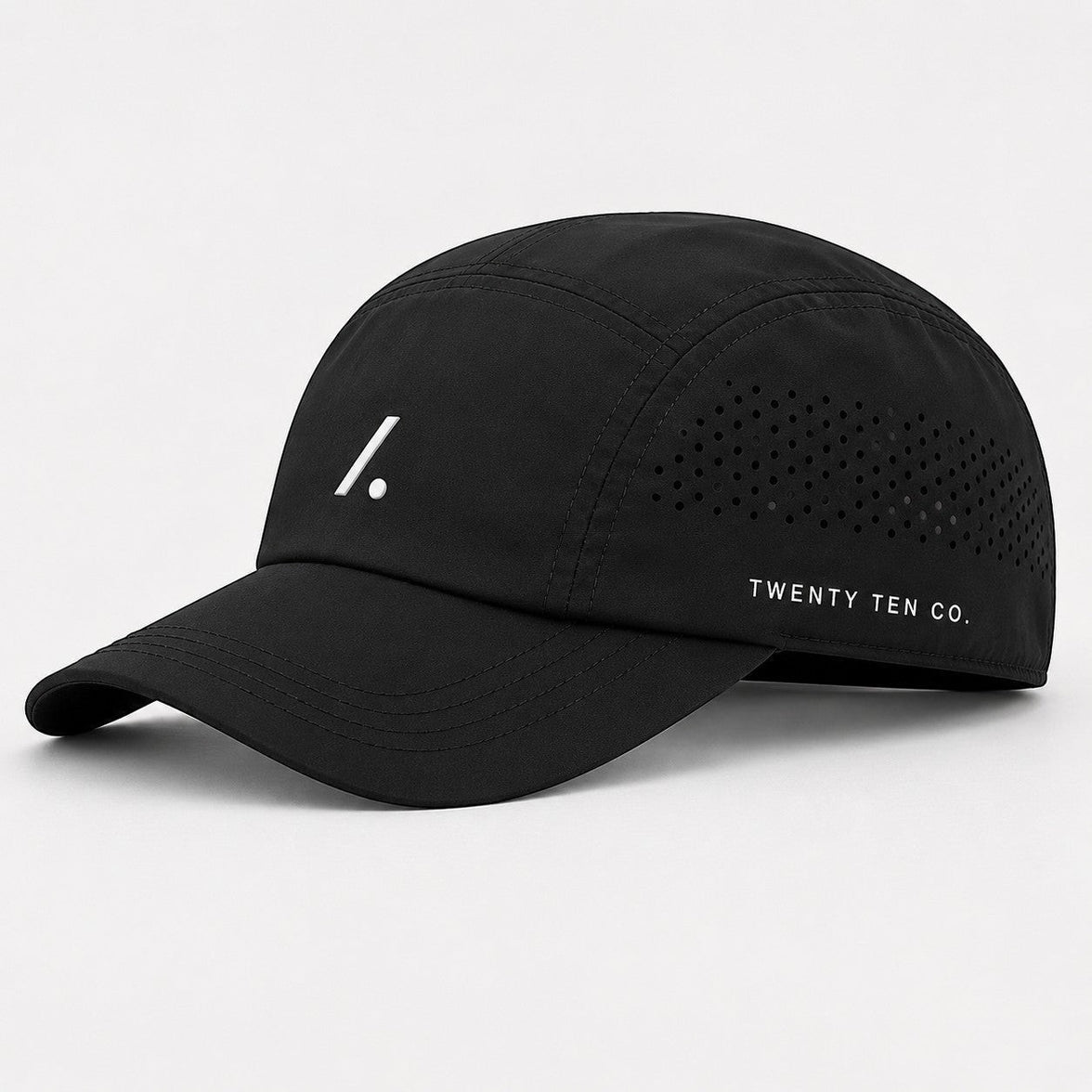 TwentyTenCo black performance baseball cap with white logo and perforated sides for ventilation.