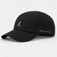 TwentyTenCo black performance baseball cap with white logo and perforated sides for ventilation.