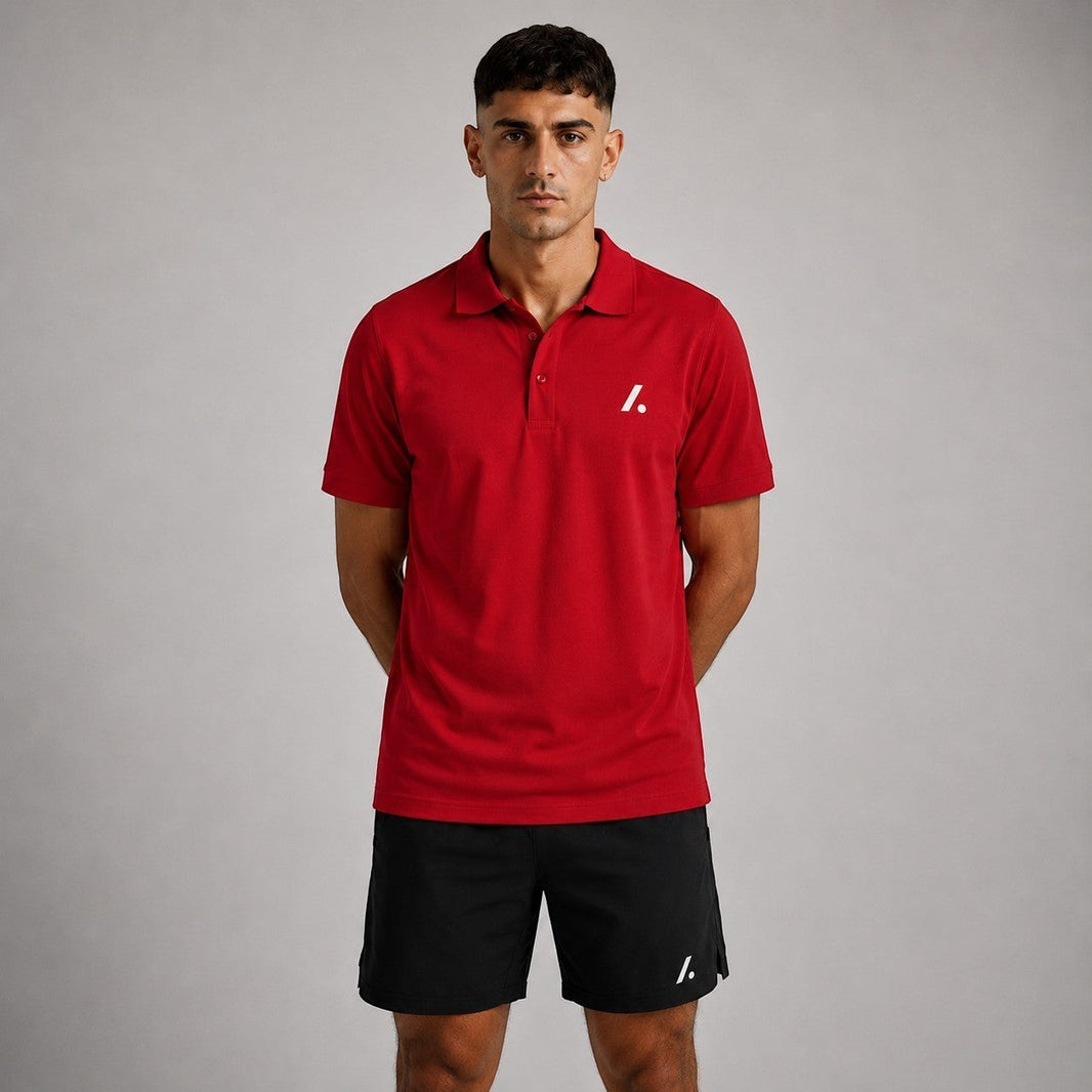 TwentyTenCollective men's red short sleeve performance polo shirt with embroidered logo on chest.