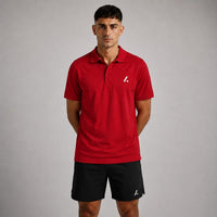 TwentyTenCollective men's red short sleeve performance polo shirt with embroidered logo on chest.
